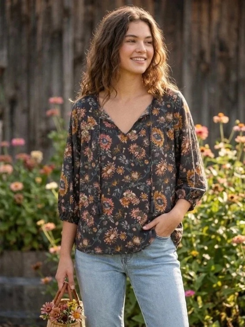 NATURAL LIFE ~ Dark Floral Peasant Blouse with Mustard & Rust Flowers